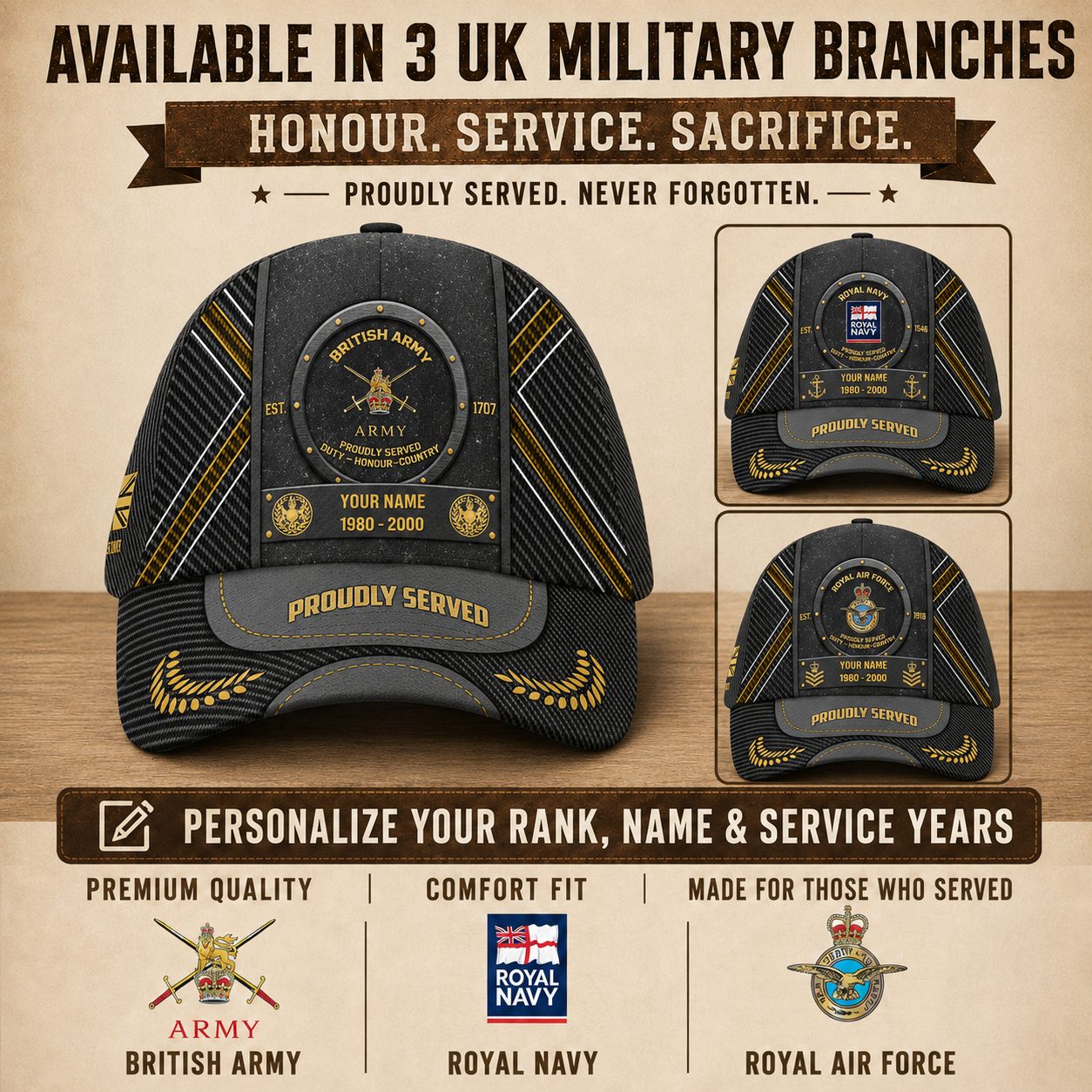 Personalized Rank, Year And Name UK Soldier/Veterans Baseball Cap - 17429472