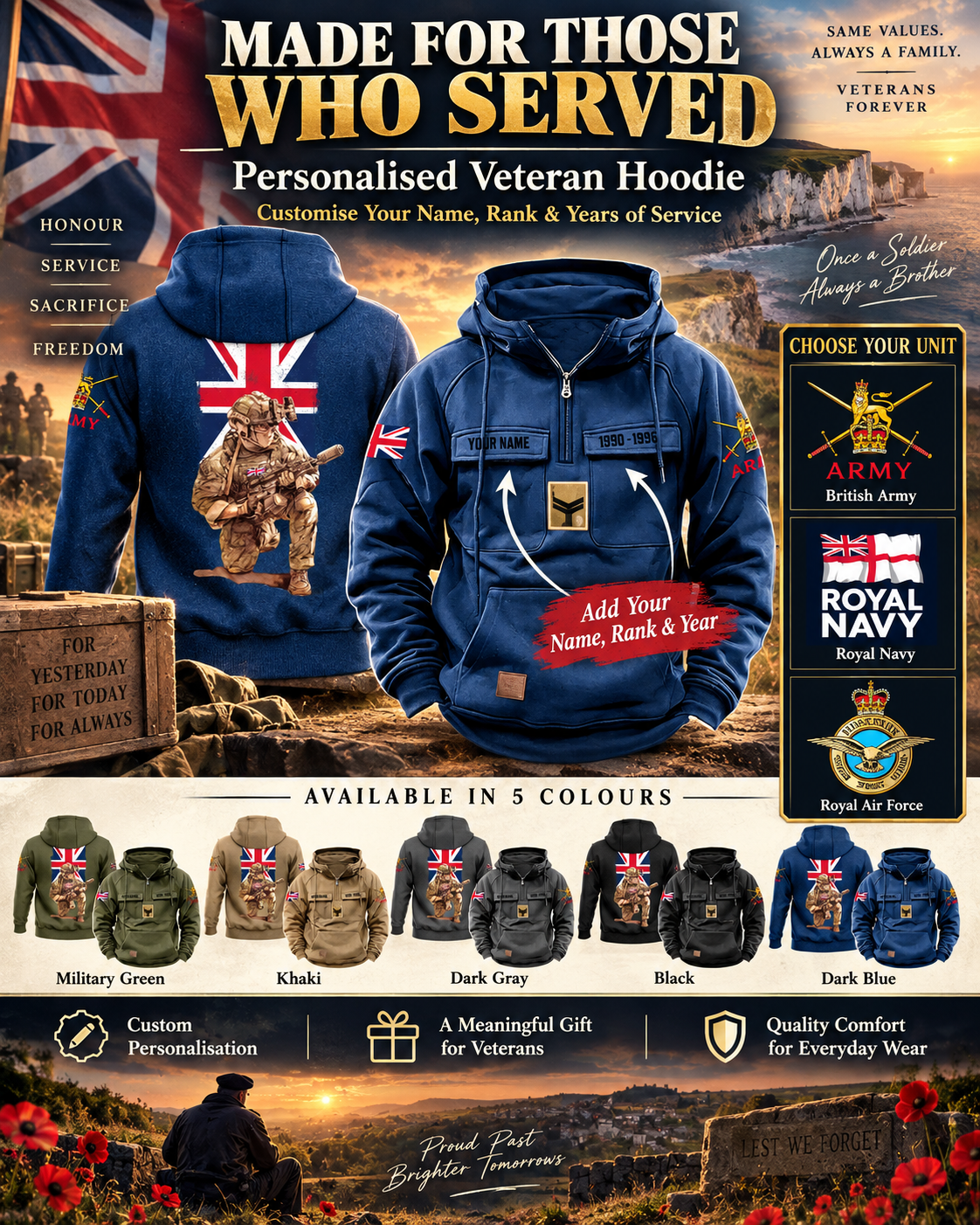 Personalisierter Vintage-Kapuzenpullover mit britischem Soldaten-/Veteranen-Print – 27062401QA
