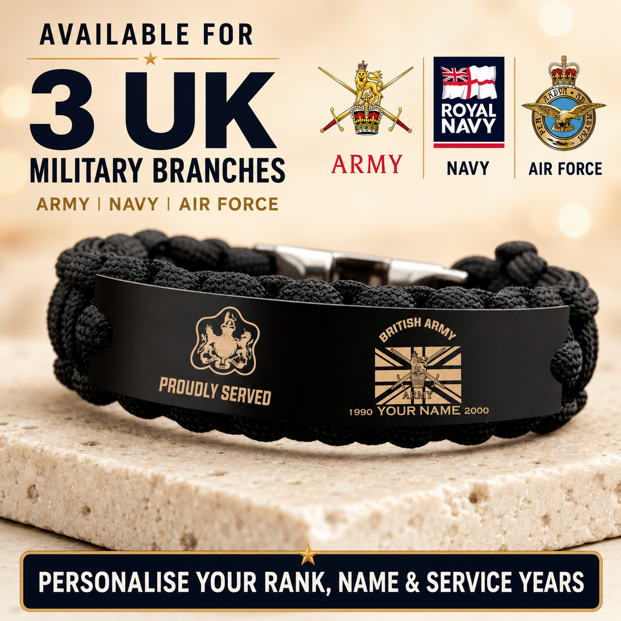 Personalized UK Soldier/ Veteran Engraved Military Paracord Bracelet With Rank, Name and Year - 17753472