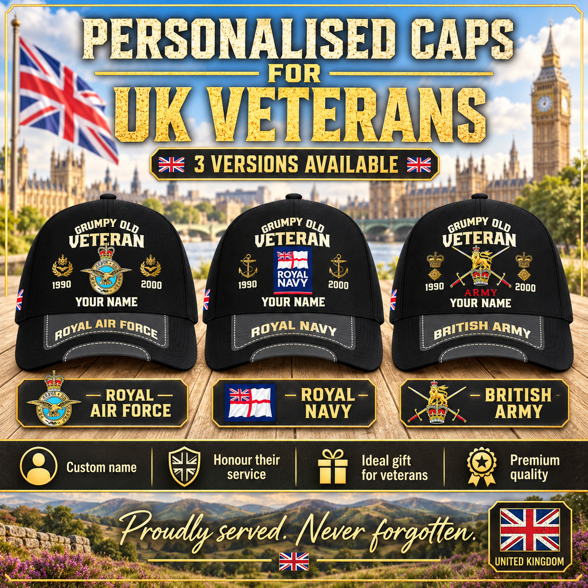 UK Veteran Hat – Personalized with Rank, Name and Year  - 1757376005