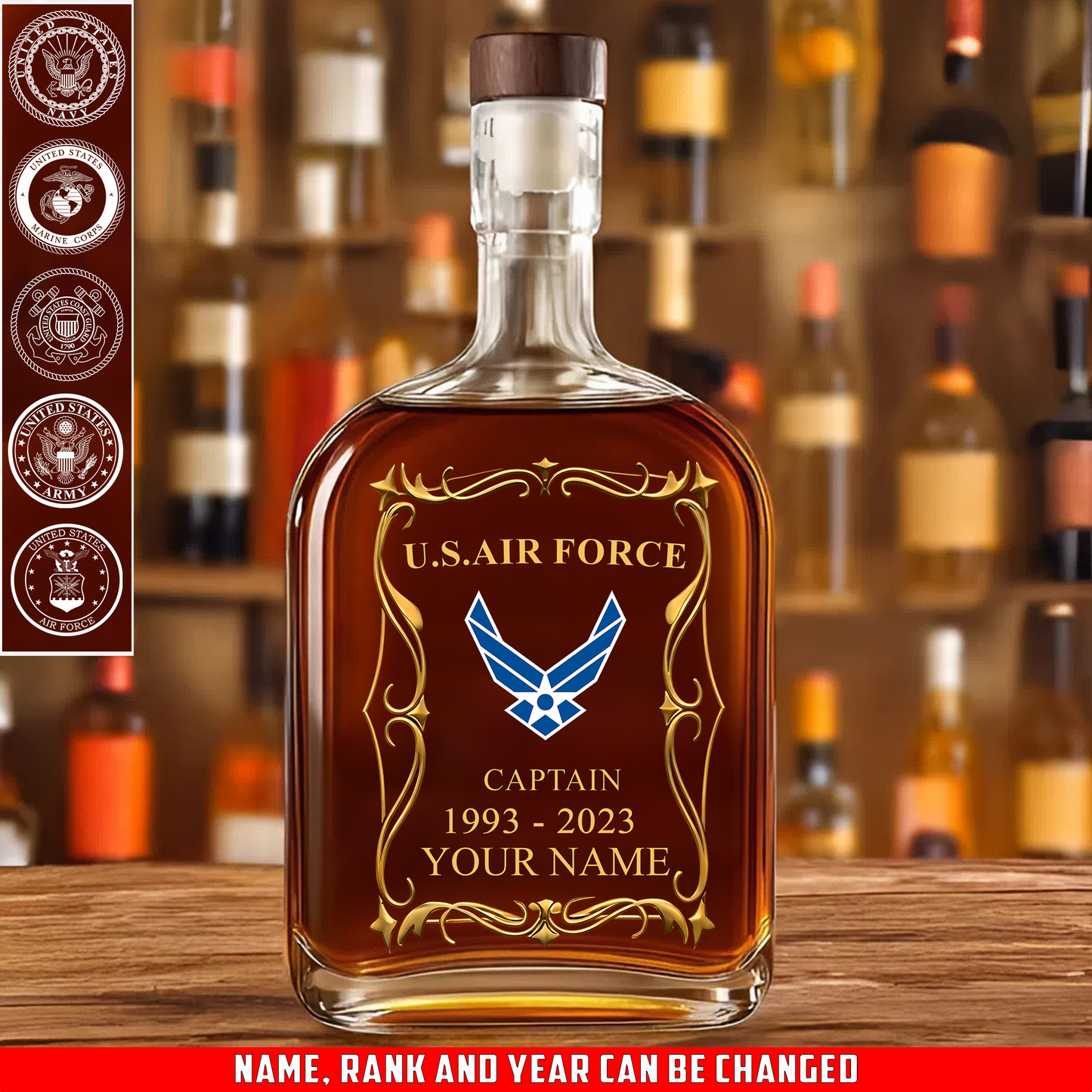 Air Force Badge - Personalized US Soldier/ Veteran With Rank, Name And Year Whiskey Bottle Glass - 17754084