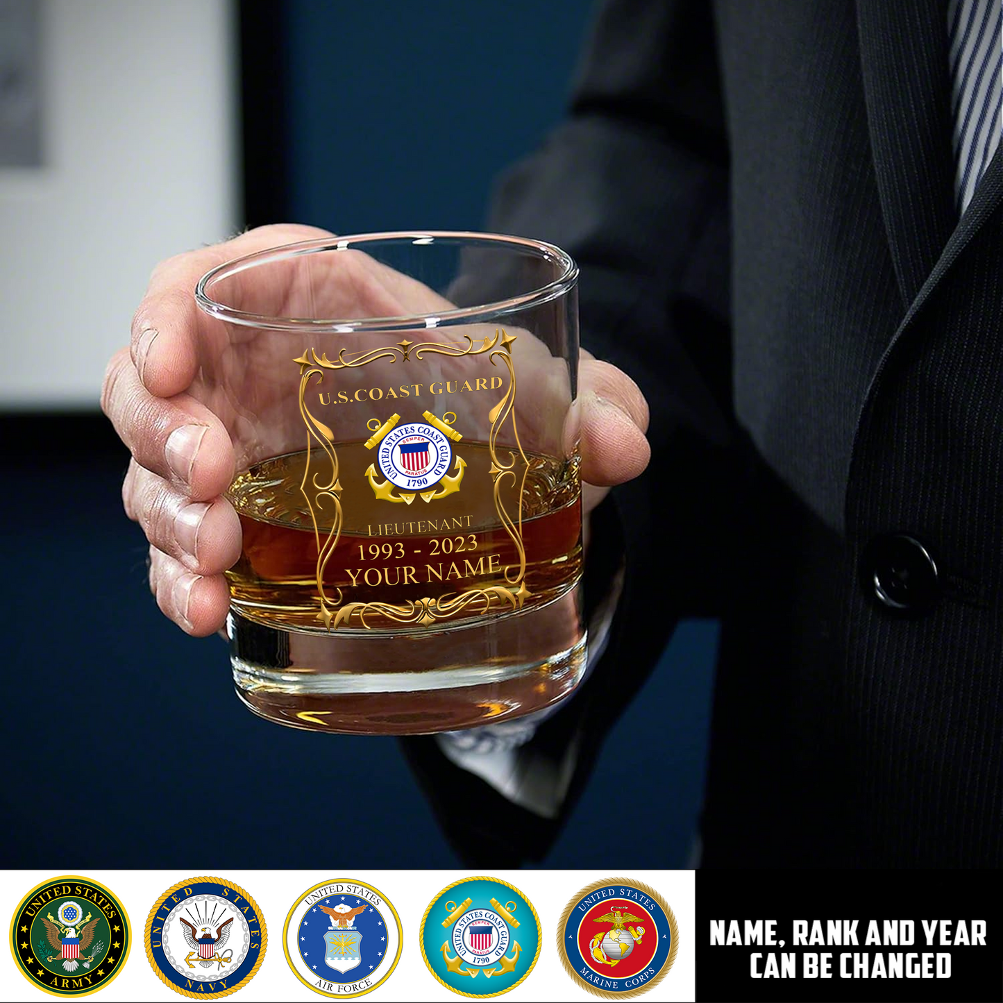 Coast Guard Rating - Personalized US Soldier/ Veteran With Rank, Name and Year Whiskey Glass - 17754084