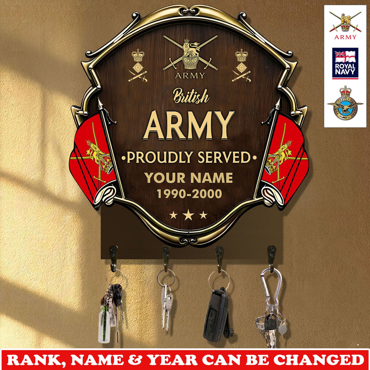 Personalized UK Veteran/ Soldier With Rank, Year And Name Wooden Key Holder - 17757792