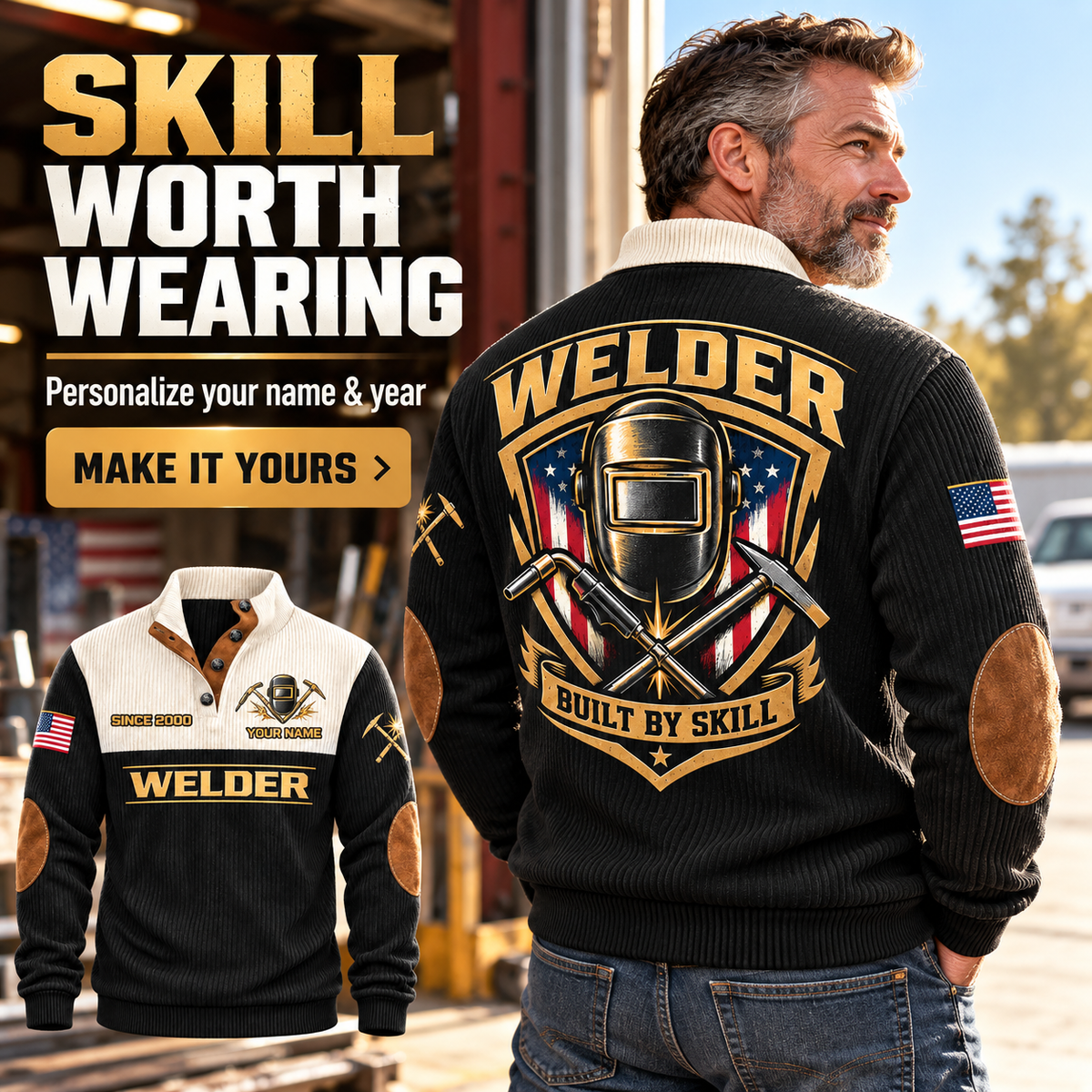 WLD01 Welder Built by Skill personalized sweatshirt square advertisement