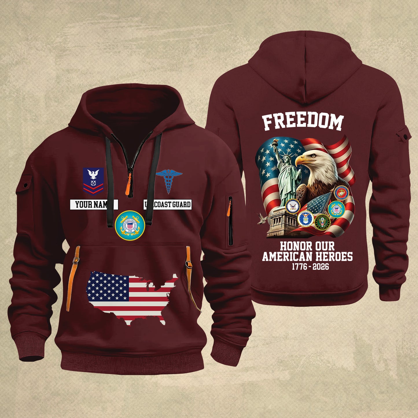Coast Guard Rating - Freedom Honor Our American Heroes – Personalized Multicolor Zip Hoodie | Custom Military Branch | 250th Anniversary | 4th of July - 17699904