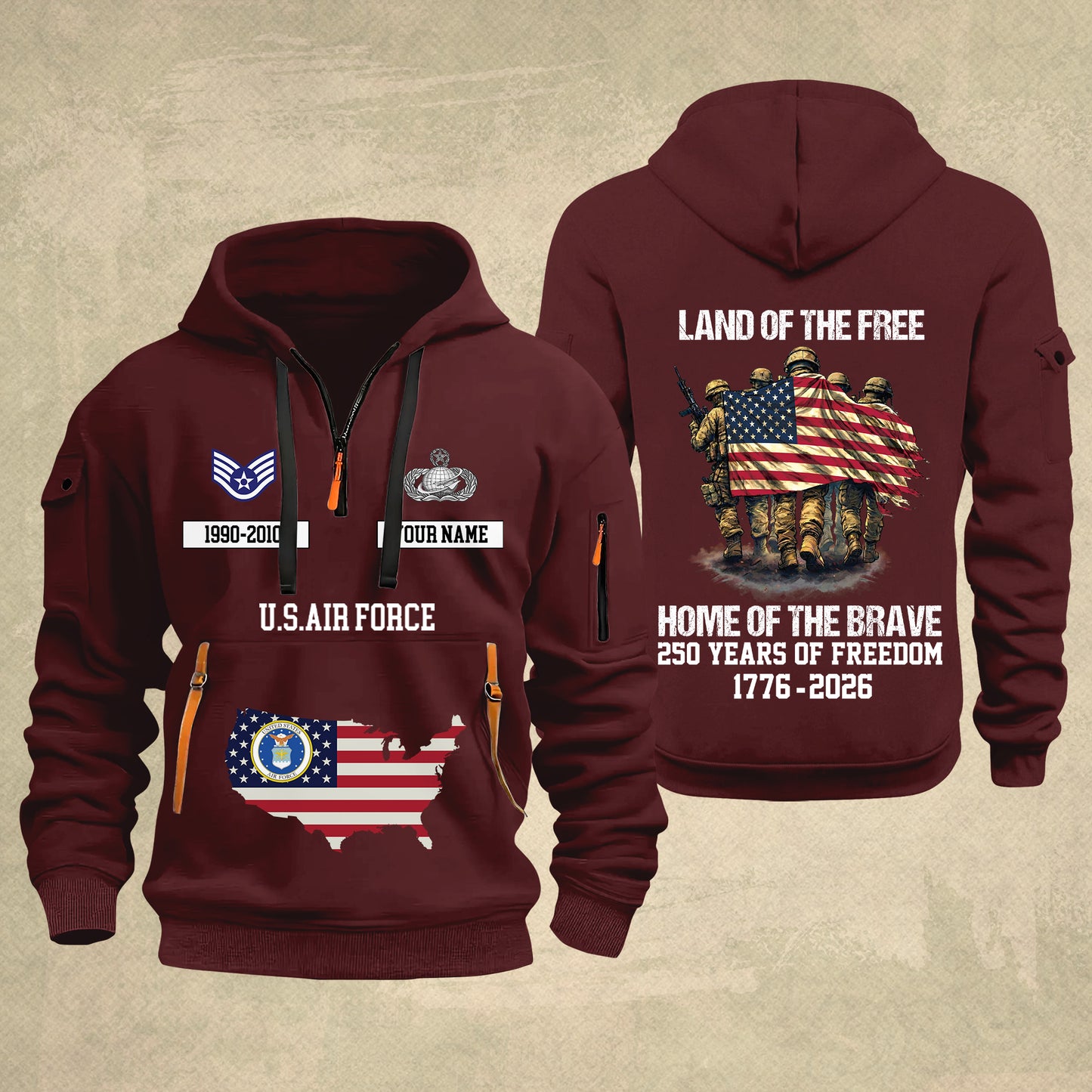 Air Force Badge - Land Of The Free Home Of The Brave – Personalized Zip Hoodie Multicolor, Custom Rank Unit Military Branch Zip Hoodie Multicolor, 250th USA, 4th of July - 17700768