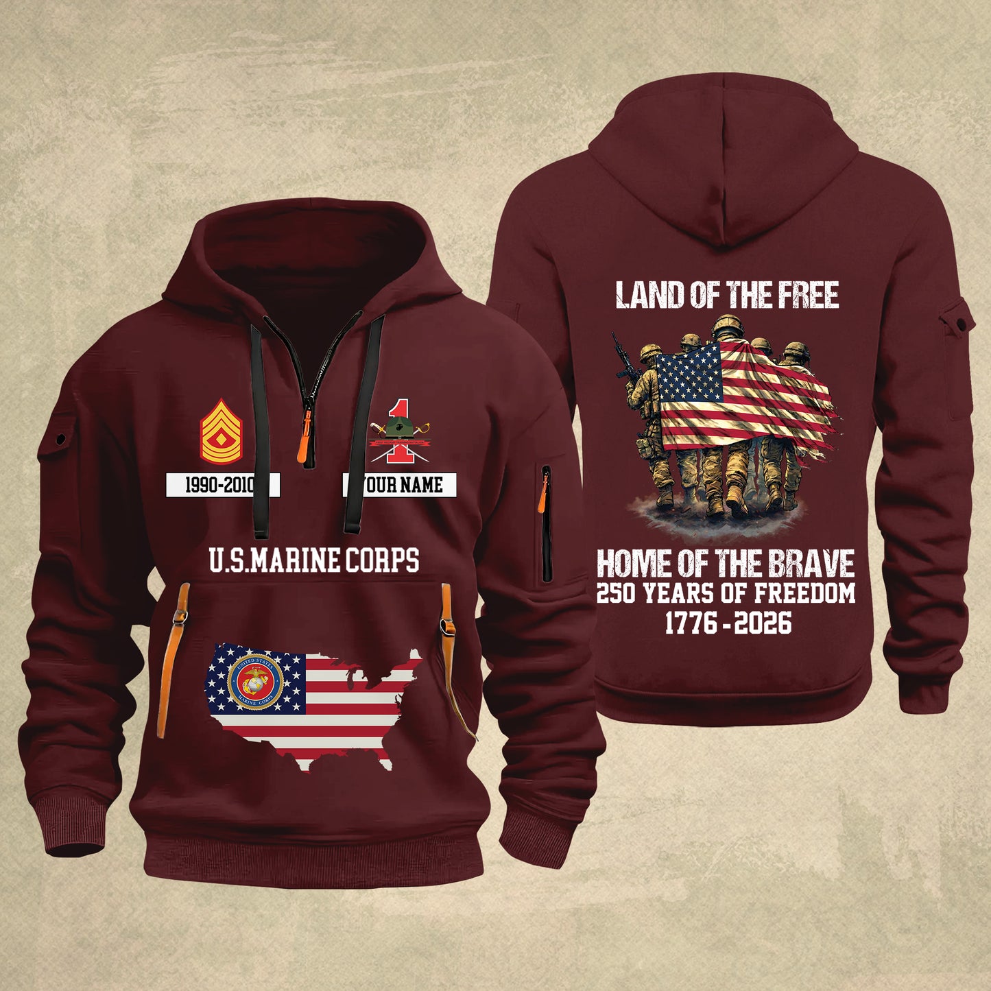 Marines Battalions - Land Of The Free Home Of The Brave – Personalized Zip Hoodie Multicolor, Custom Rank Unit Military Branch Zip Hoodie Multicolor, 250th USA, 4th of July - 17700768