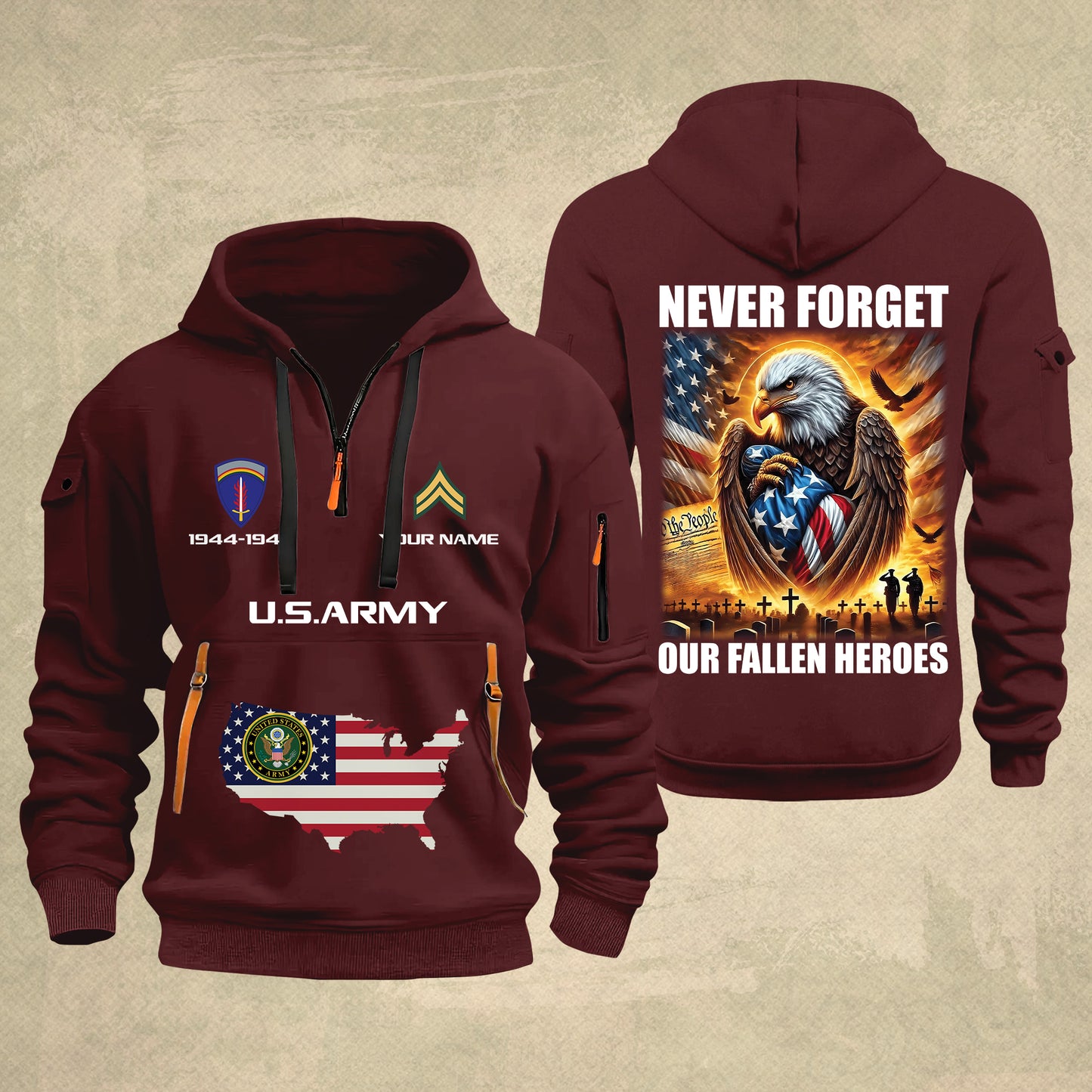 Army Division - Never Forget Our Fallen Heroes 250th USA – Personalized Zip Hoodie Multicolor, 4th of July Zip Hoodie Multicolor, Custom Military Zip Hoodie Multicolor - 17692128