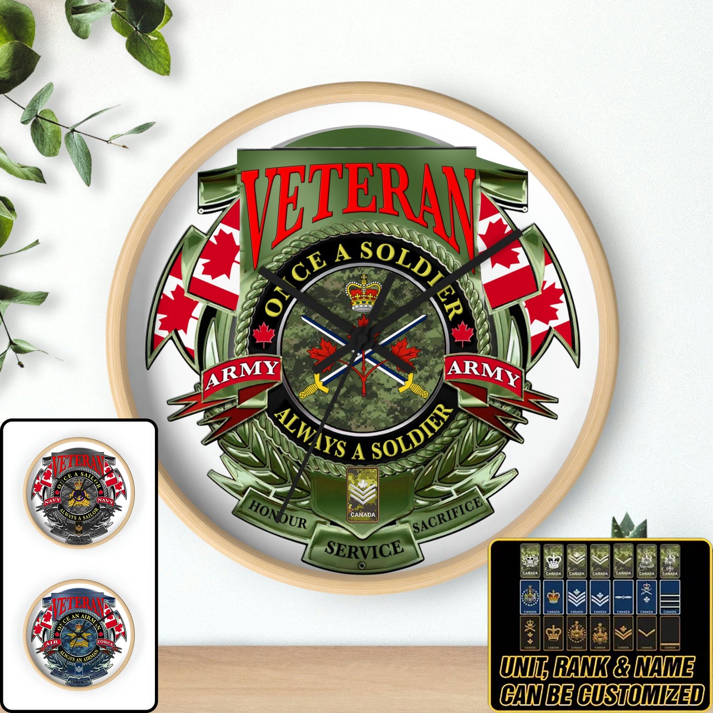 Personalized Rank Canadian Soldier/Veterans Camo Wooden Clock - 0102240016