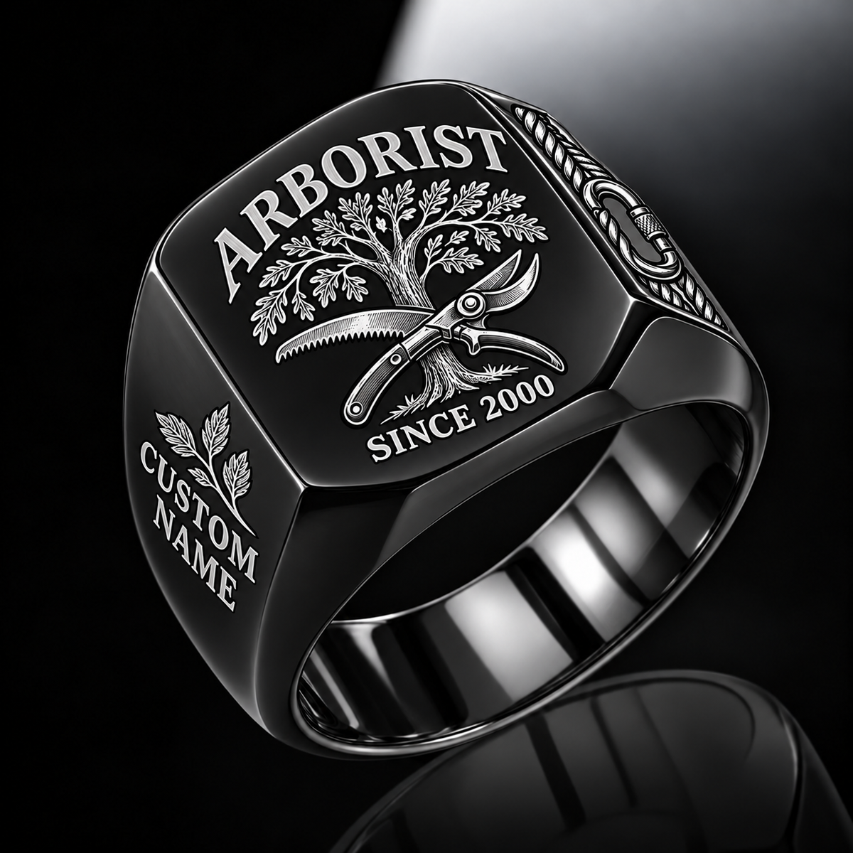Arborist Classic Emblem ring in Black, showing CUSTOM NAME and SINCE 2000