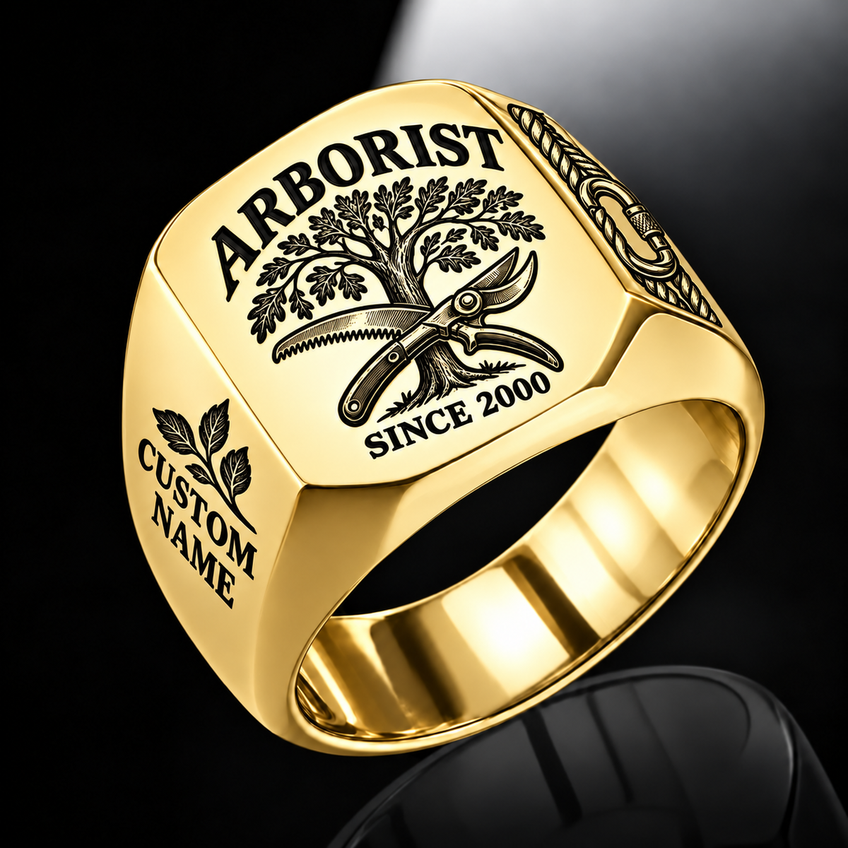 Arborist Classic Emblem ring in Gold, showing CUSTOM NAME and SINCE 2000