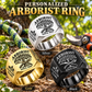 Arborist Classic Emblem personalized ring in Silver, Gold and Black with CUSTOM NAME and SINCE 2000 on a arborist-themed background