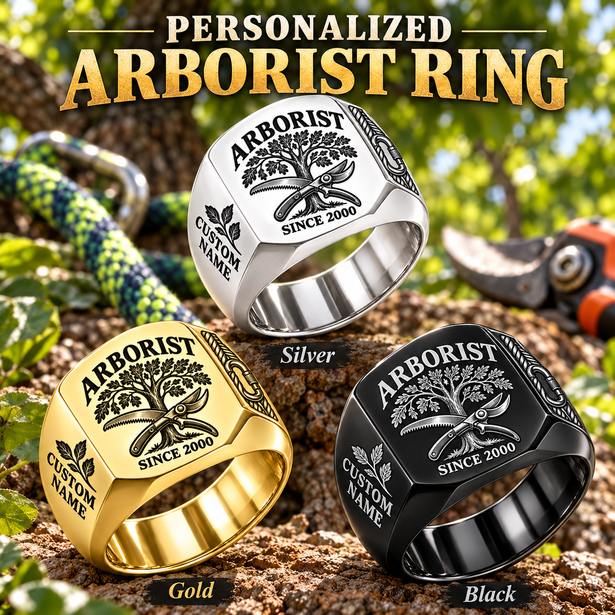 Arborist Classic Emblem personalized ring in Silver, Gold and Black with CUSTOM NAME and SINCE 2000 on a arborist-themed background