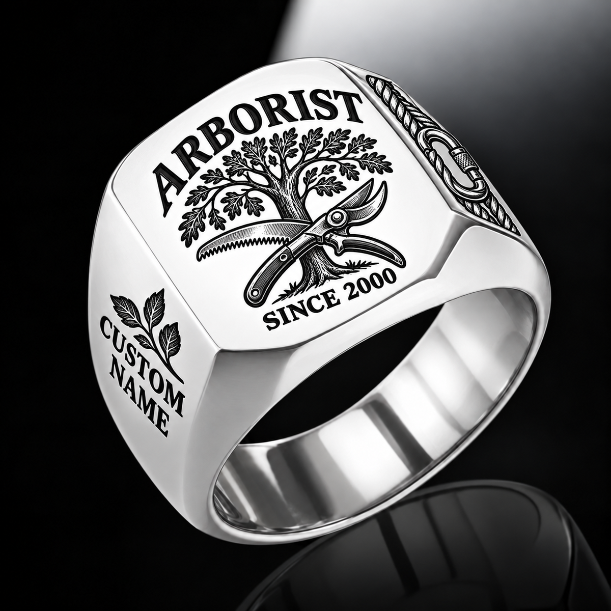 Arborist Classic Emblem ring in Silver, showing CUSTOM NAME and SINCE 2000