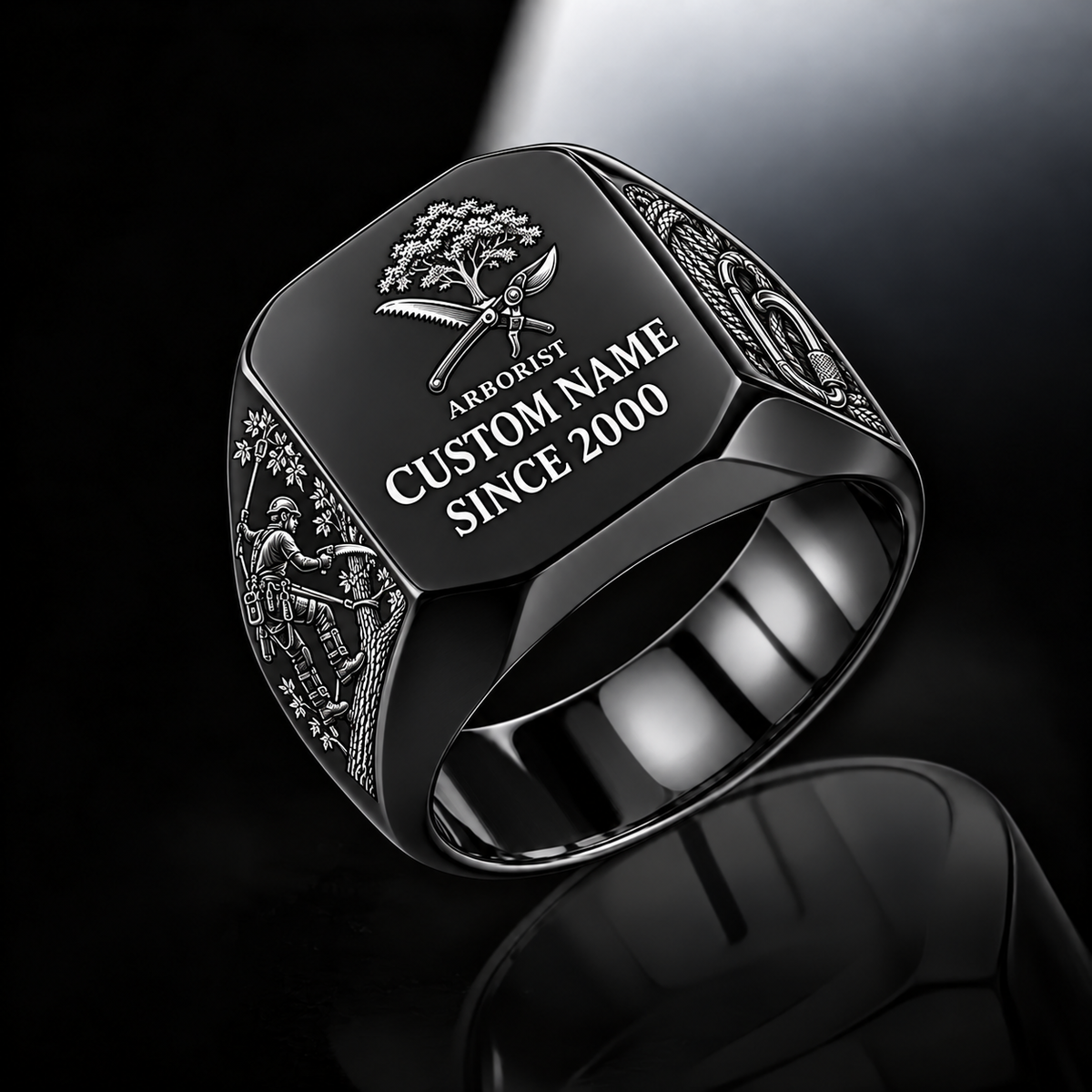 Arborist Signature Crest ring in Black, showing CUSTOM NAME and SINCE 2000