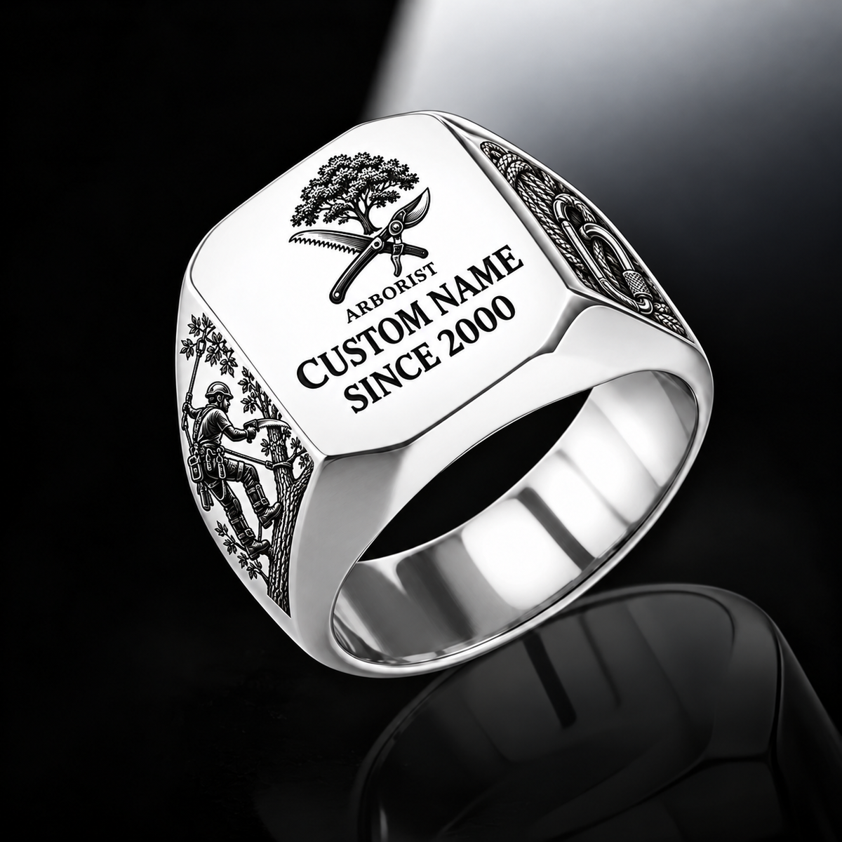 Arborist Signature Crest ring in Silver, showing CUSTOM NAME and SINCE 2000