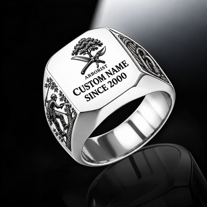 Arborist Signature Crest ring in Silver, showing CUSTOM NAME and SINCE 2000