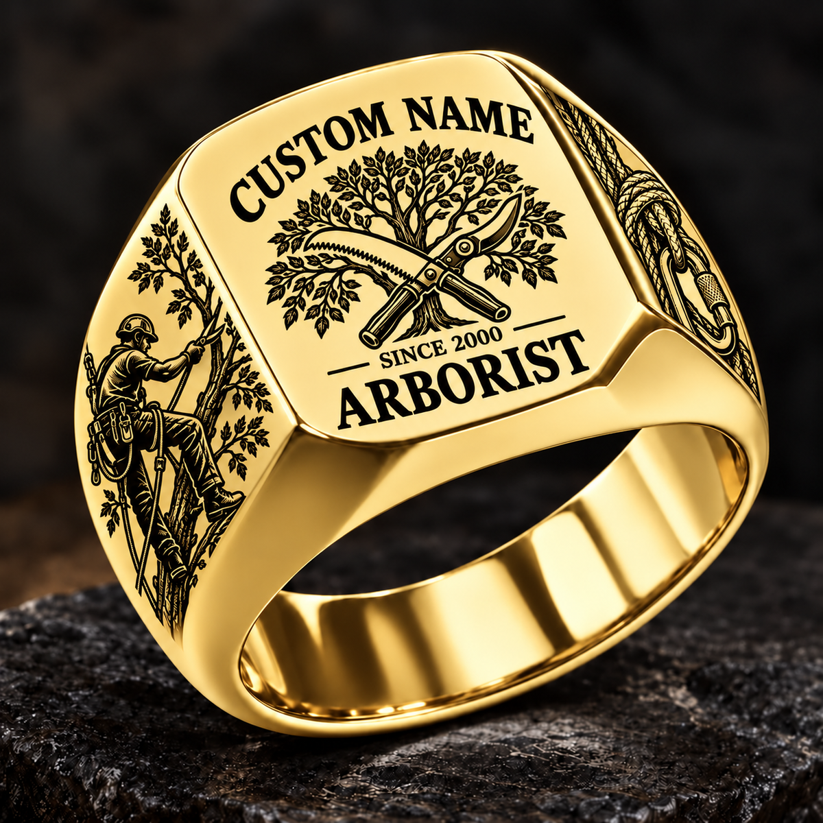 Arborist Heritage Emblem ring in Gold, showing CUSTOM NAME and SINCE 2000