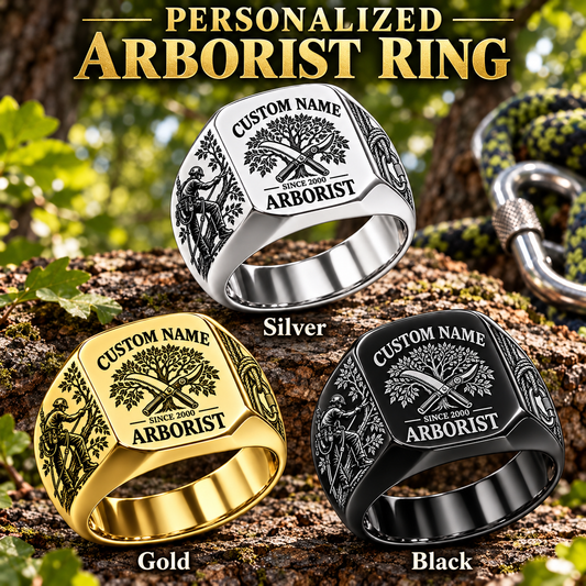 Arborist Heritage Emblem personalized ring in Silver, Gold and Black with CUSTOM NAME and SINCE 2000 on a arborist-themed background