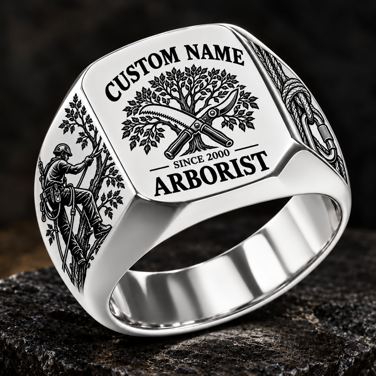 Arborist Heritage Emblem ring in Silver, showing CUSTOM NAME and SINCE 2000