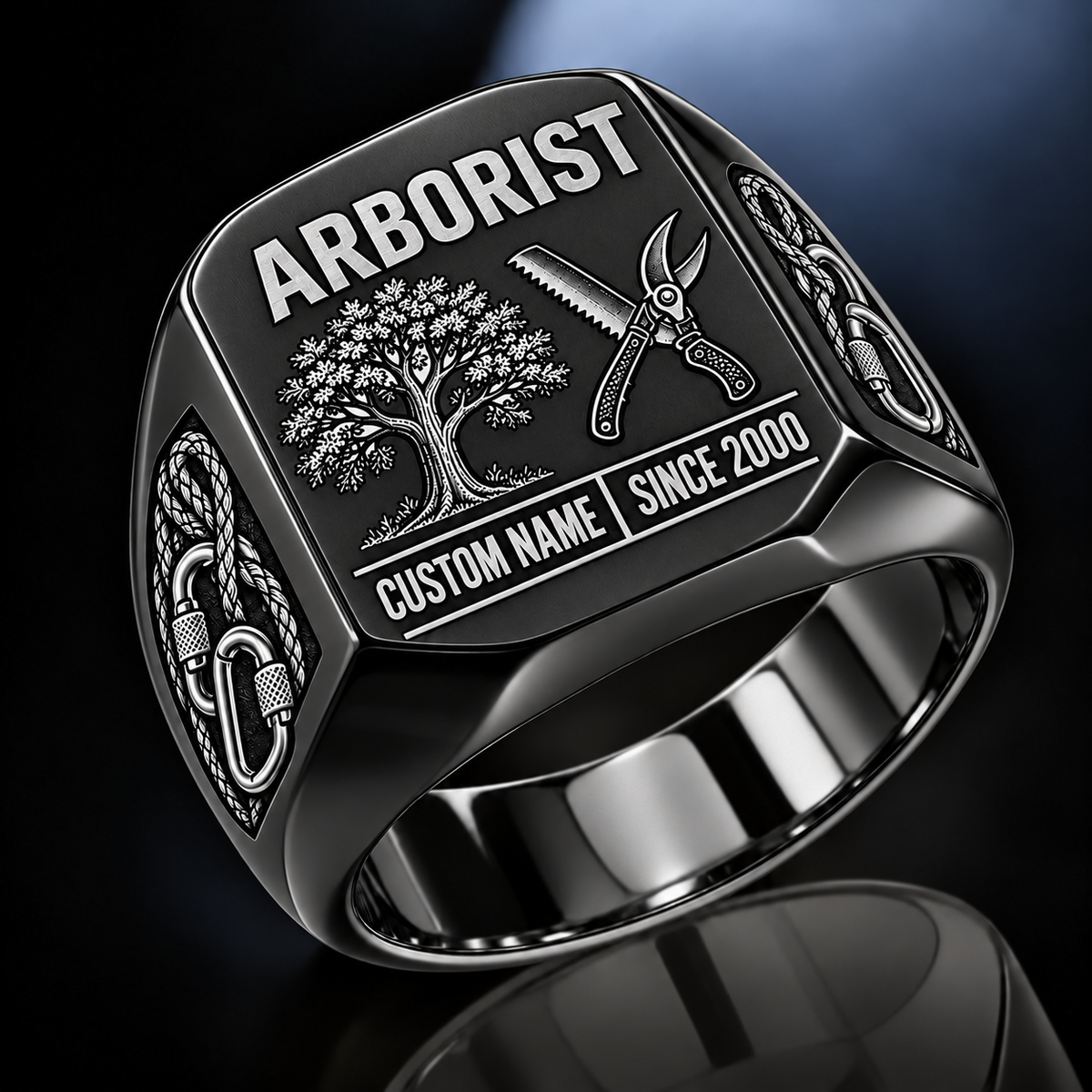 Arborist Twin Icons ring in Black, showing CUSTOM NAME and SINCE 2000