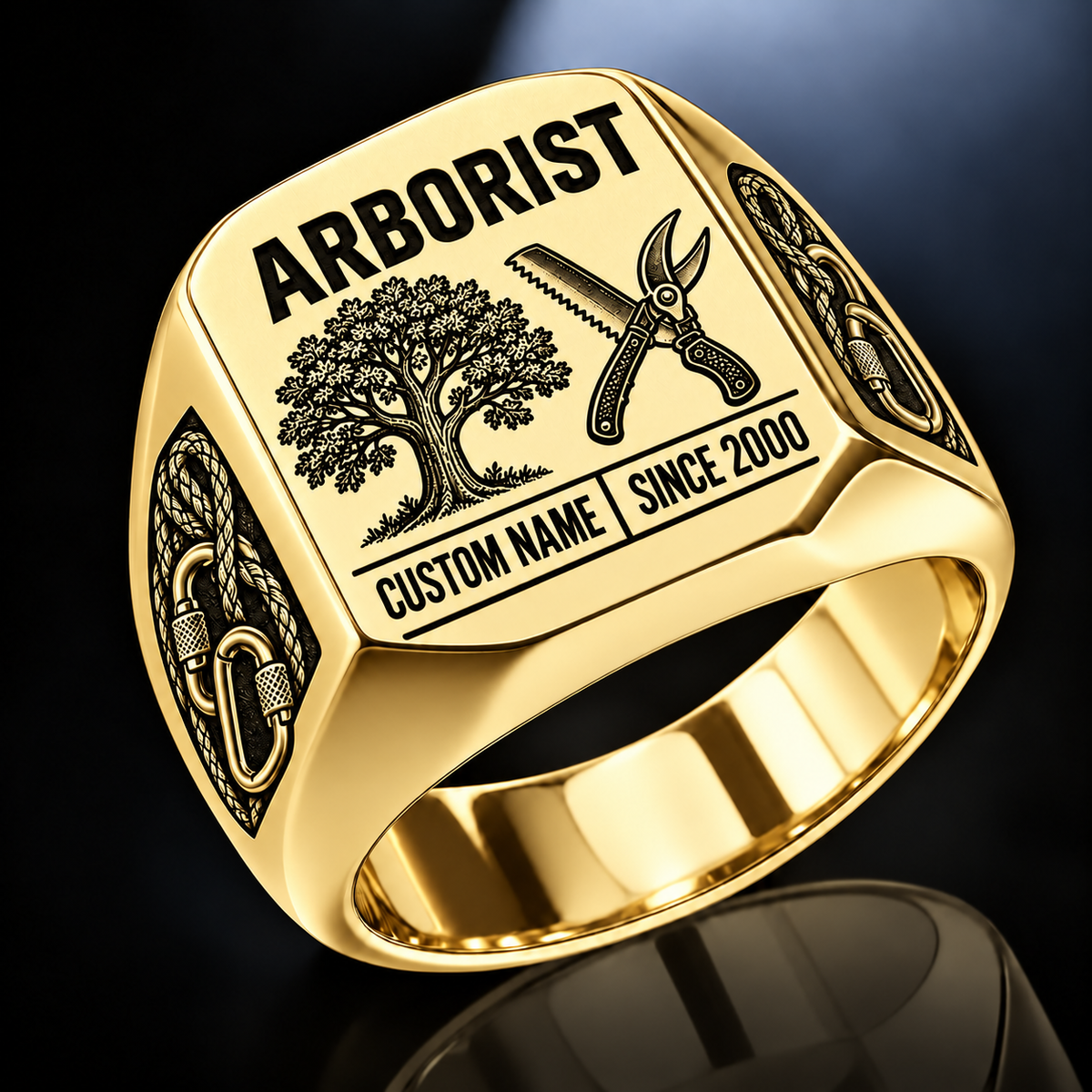 Arborist Twin Icons ring in Gold, showing CUSTOM NAME and SINCE 2000
