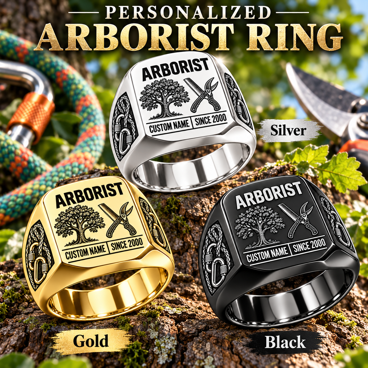 Arborist Twin Icons personalized ring in Silver, Gold and Black with CUSTOM NAME and SINCE 2000 on a arborist-themed background
