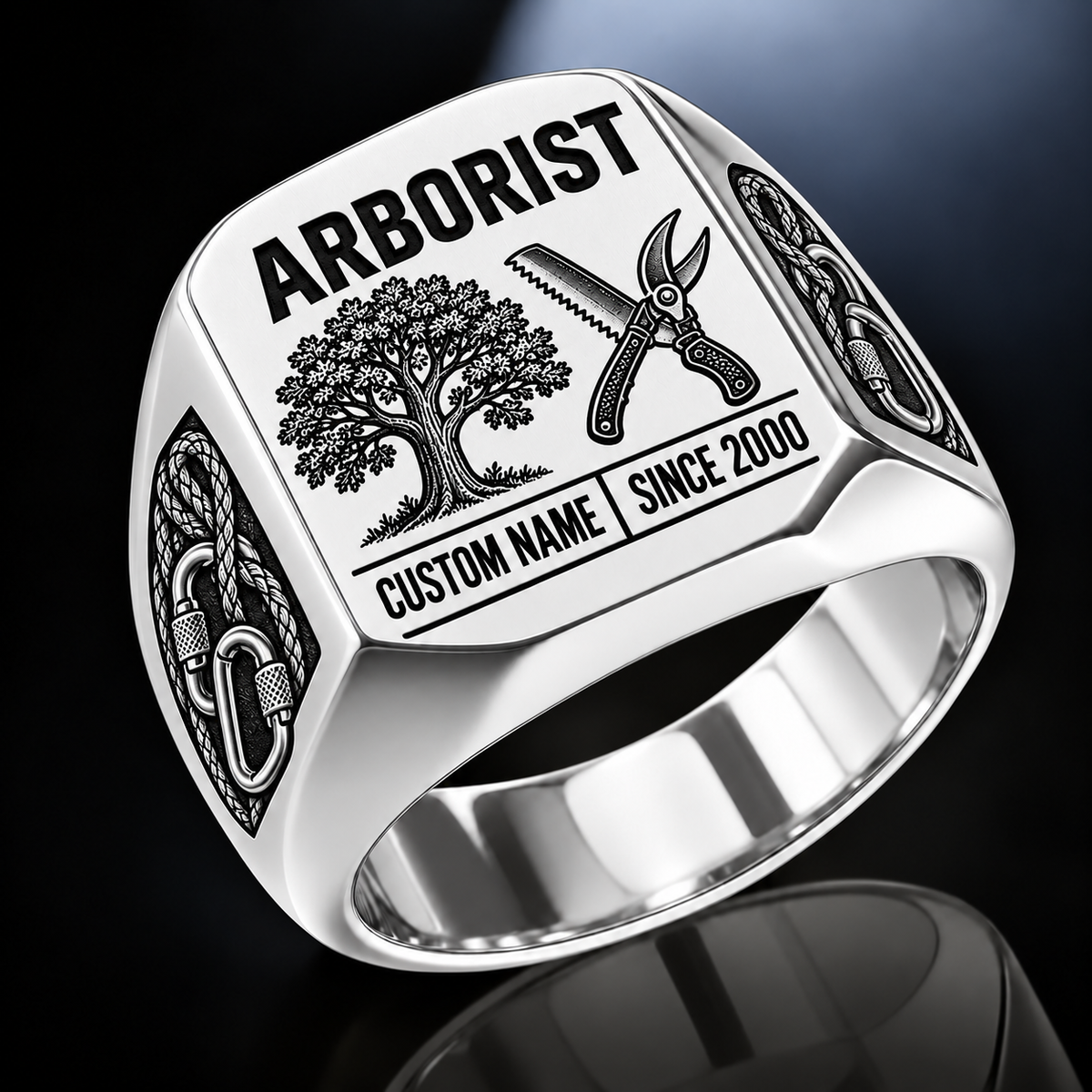 Arborist Twin Icons ring in Silver, showing CUSTOM NAME and SINCE 2000