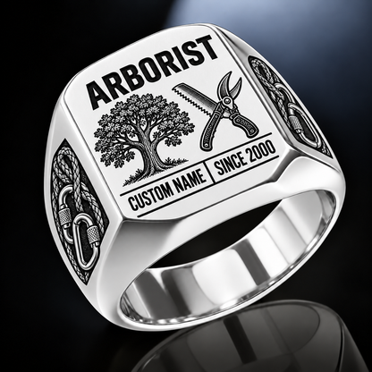 Arborist Twin Icons ring in Silver, showing CUSTOM NAME and SINCE 2000