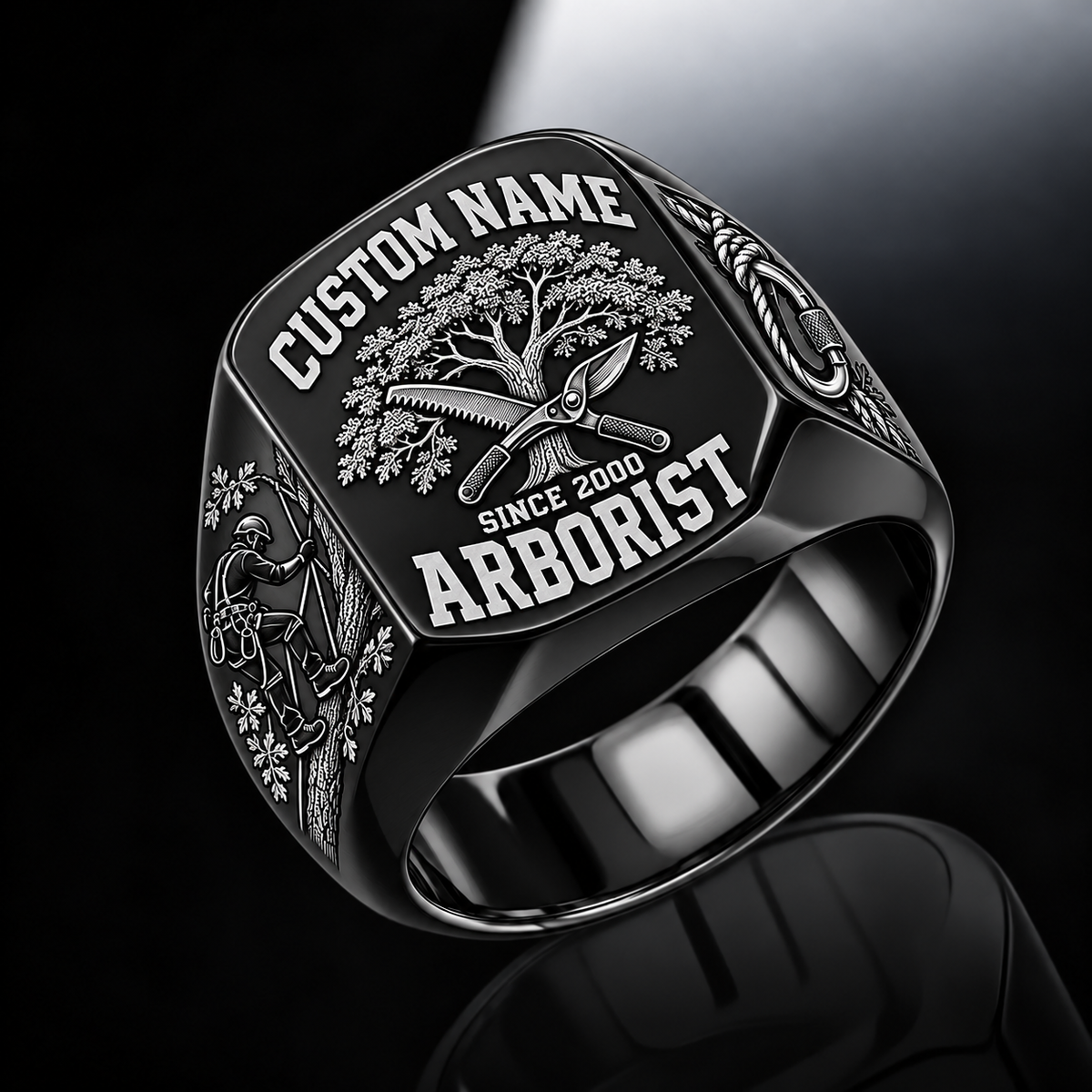 Arborist Bold Lettering ring in Black, showing CUSTOM NAME and SINCE 2000