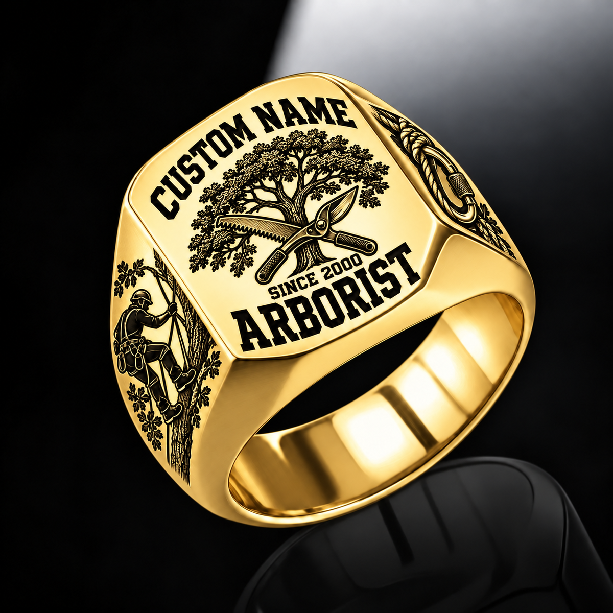 Arborist Bold Lettering ring in Gold, showing CUSTOM NAME and SINCE 2000