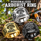 Arborist Bold Lettering personalized ring in Silver, Gold and Black with CUSTOM NAME and SINCE 2000 on a arborist-themed background