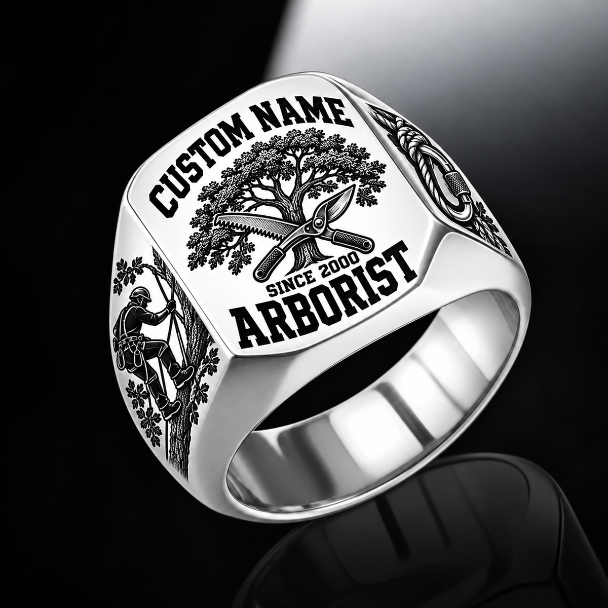 Arborist Bold Lettering ring in Silver, showing CUSTOM NAME and SINCE 2000