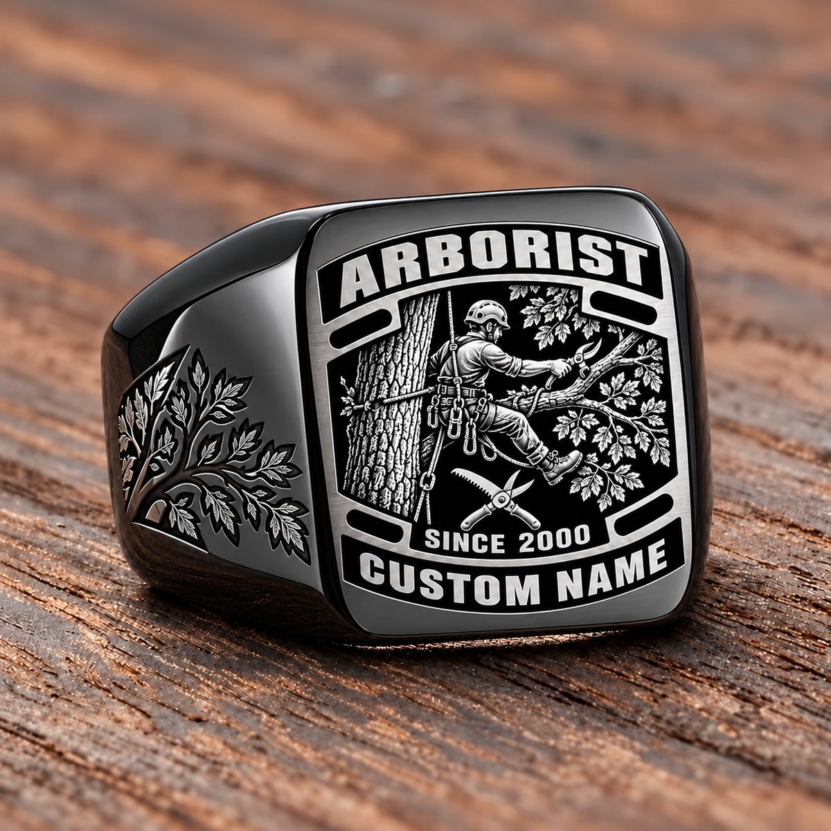 Arborist Black Face Badge ring in Black, showing CUSTOM NAME and SINCE 2000