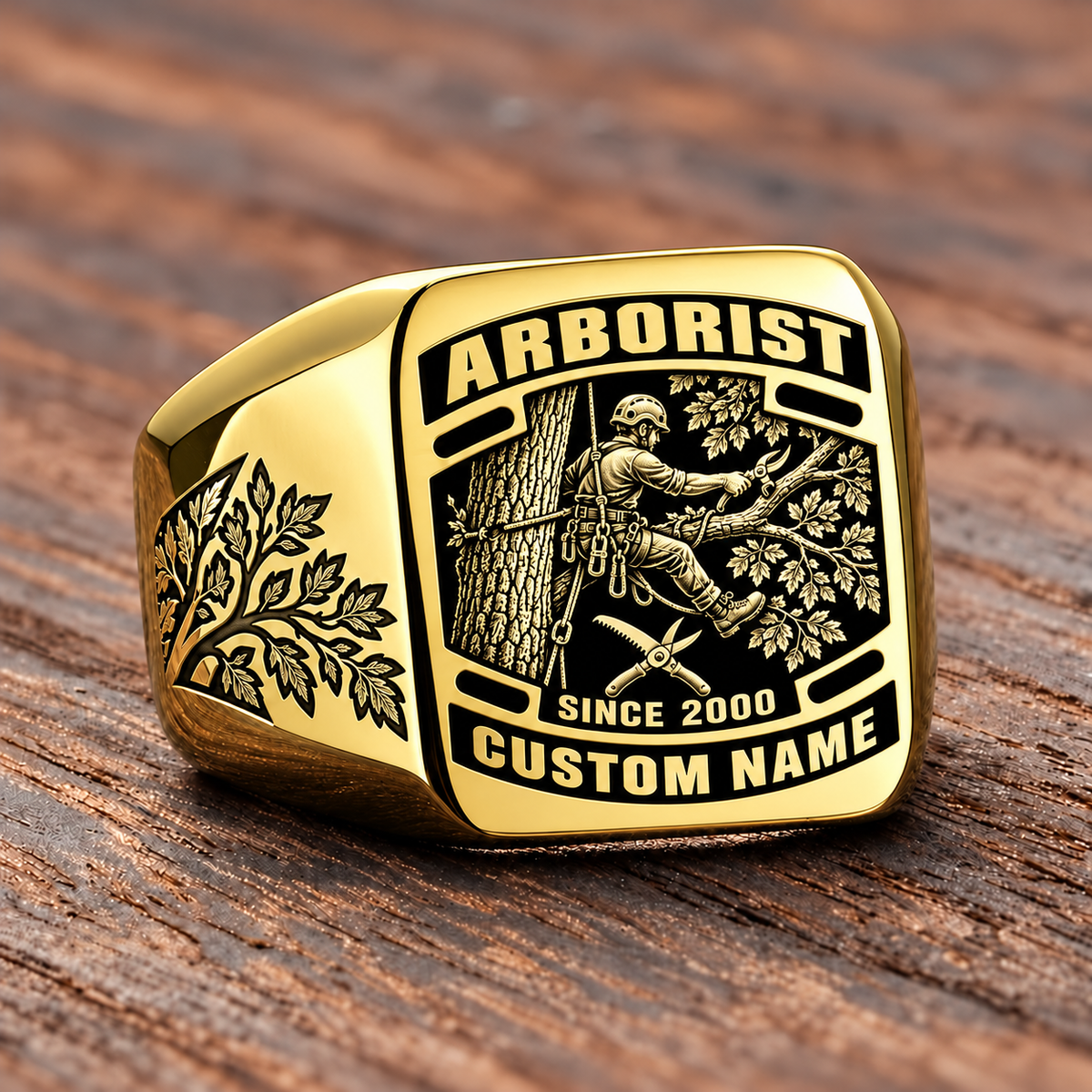 Arborist Black Face Badge ring in Gold, showing CUSTOM NAME and SINCE 2000