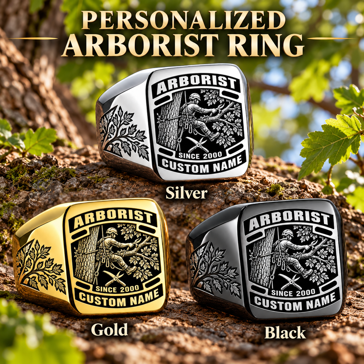 Arborist Black Face Badge personalized ring in Silver, Gold and Black with CUSTOM NAME and SINCE 2000 on a arborist-themed background