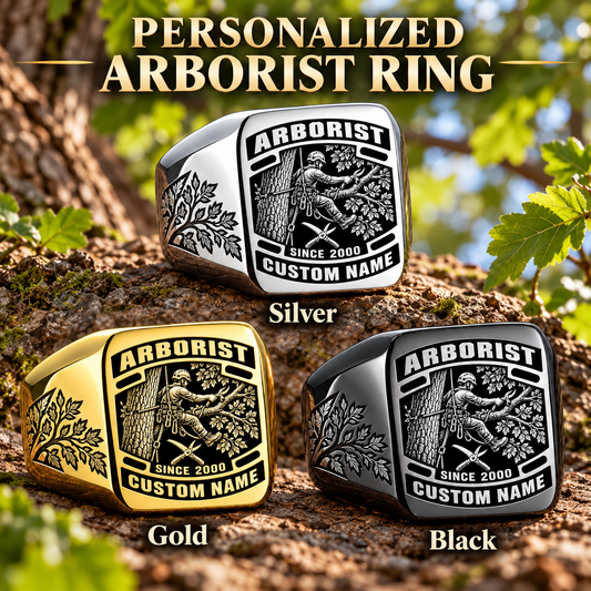 Arborist Black Face Badge personalized ring in Silver, Gold and Black with CUSTOM NAME and SINCE 2000 on a arborist-themed background