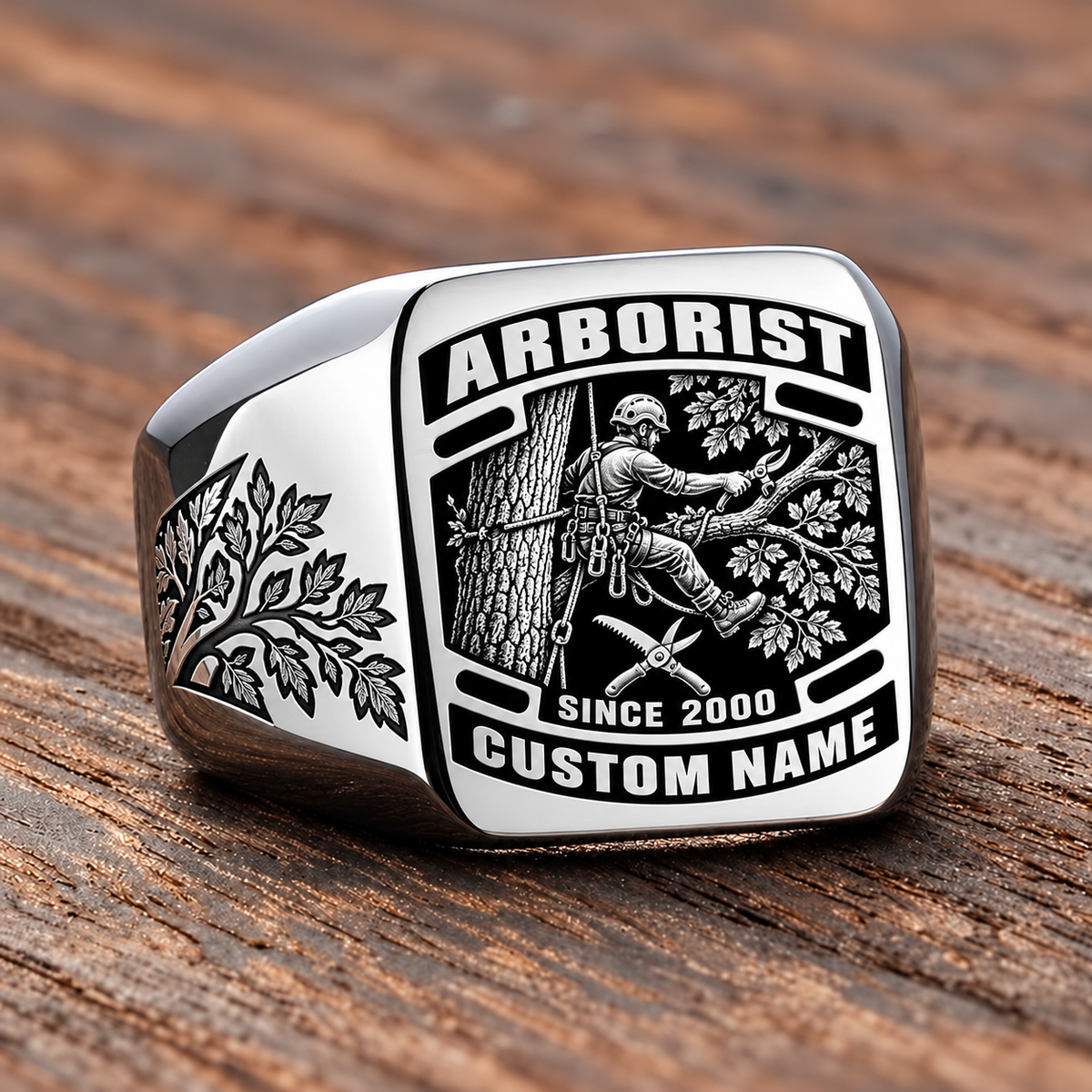 Arborist Black Face Badge ring in Silver, showing CUSTOM NAME and SINCE 2000