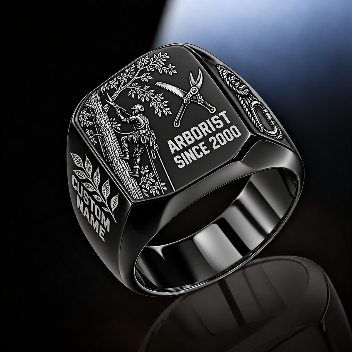 Arborist Split Emblem ring in Black, showing CUSTOM NAME and SINCE 2000