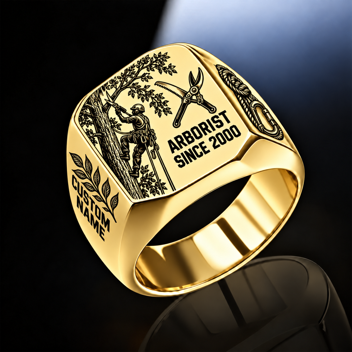 Arborist Split Emblem ring in Gold, showing CUSTOM NAME and SINCE 2000