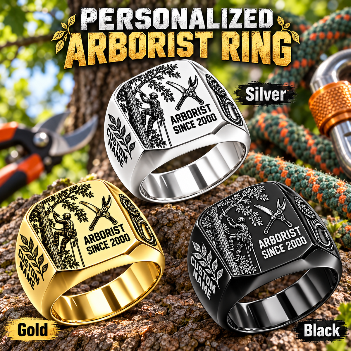 Arborist Split Emblem personalized ring in Silver, Gold and Black with CUSTOM NAME and SINCE 2000 on a arborist-themed background