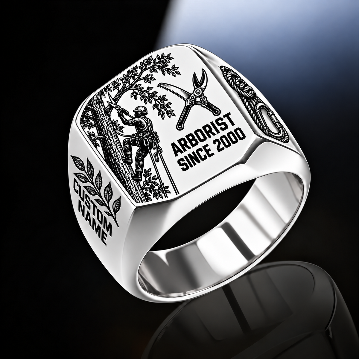 Arborist Split Emblem ring in Silver, showing CUSTOM NAME and SINCE 2000