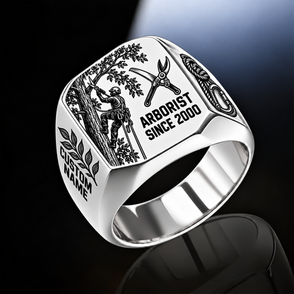 Arborist Split Emblem ring in Silver, showing CUSTOM NAME and SINCE 2000