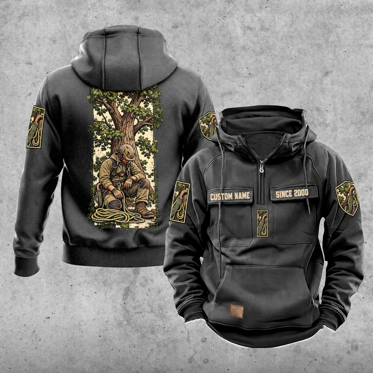 Arborist Daily Commitment Portrait Vintage Hoodie in Dark Gray, front and back views with sample text CUSTOM NAME and SINCE 2000.