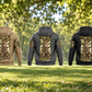 Arborist Daily Commitment Portrait Vintage Hoodie in Military Green, Kaki, Dark Gray, Black and Dark Blue, five complete back views beneath a living tree canopy with coiled rope and a sheathed pruning saw at rest.