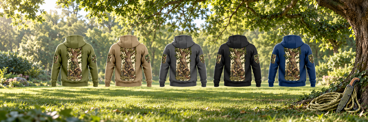 Arborist Daily Commitment Portrait Vintage Hoodie in Military Green, Kaki, Dark Gray, Black and Dark Blue, five complete back views beneath a living tree canopy with coiled rope and a sheathed pruning saw at rest.
