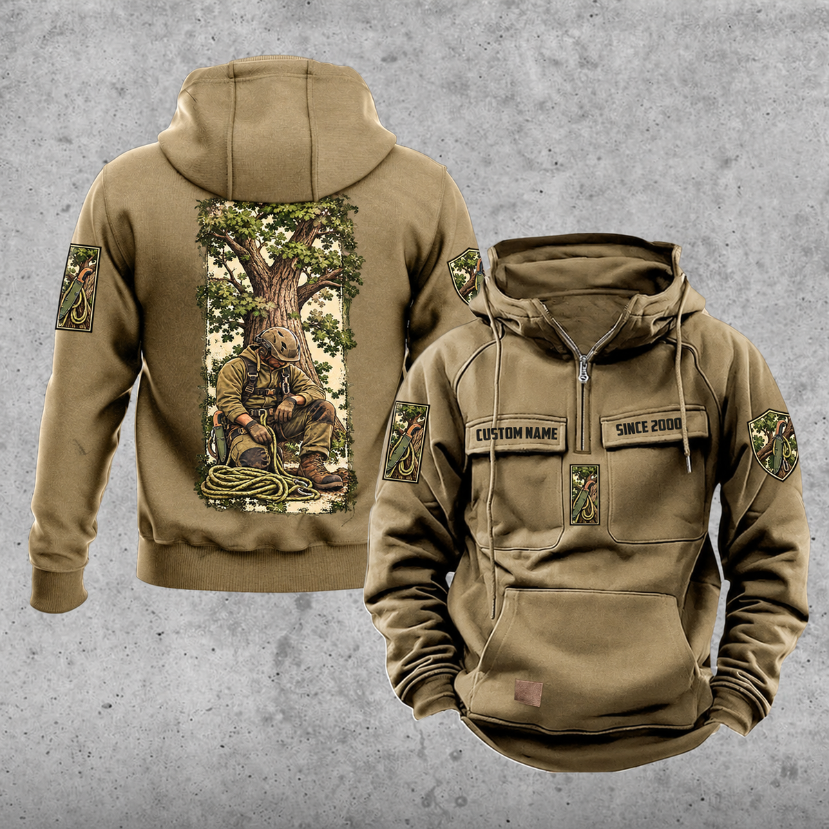 Arborist Daily Commitment Portrait Vintage Hoodie in Kaki, front and back views with sample text CUSTOM NAME and SINCE 2000.
