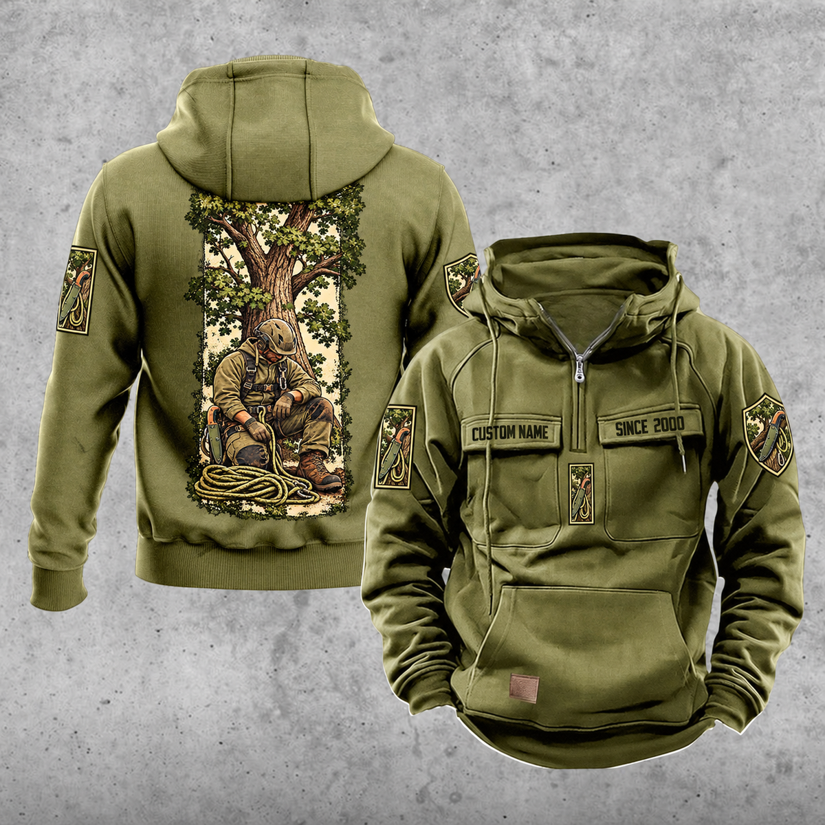 Arborist Daily Commitment Portrait Vintage Hoodie in Military Green, front and back views with sample text CUSTOM NAME and SINCE 2000.