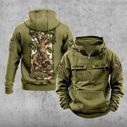 Arborist Daily Commitment Portrait Vintage Hoodie in Military Green, front and back views with sample text CUSTOM NAME and SINCE 2000.