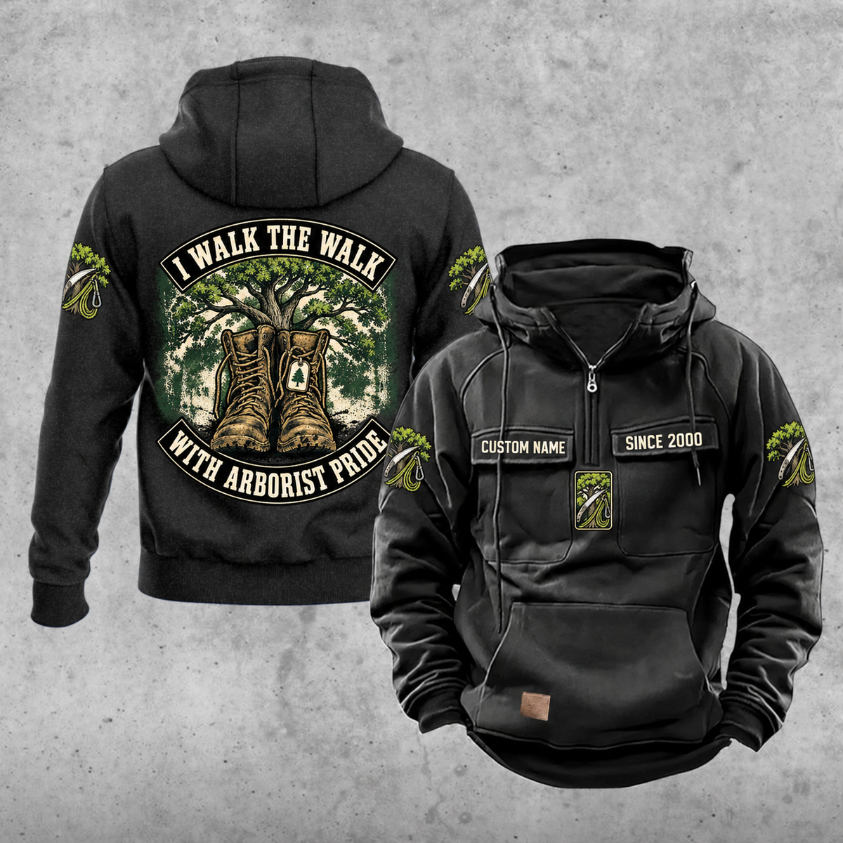 Arborist Walk the Walk Badge Vintage Hoodie in Black, front and back views with sample chest text CUSTOM NAME and SINCE 2000, curved back banners, tree and boots artwork, sleeve motifs and plain lower pouch.